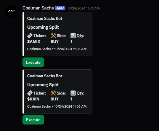 Two Discord alerts from the pipeline, each showing an upcoming reverse split with ticker, side, and quantity, followed by an Execute button